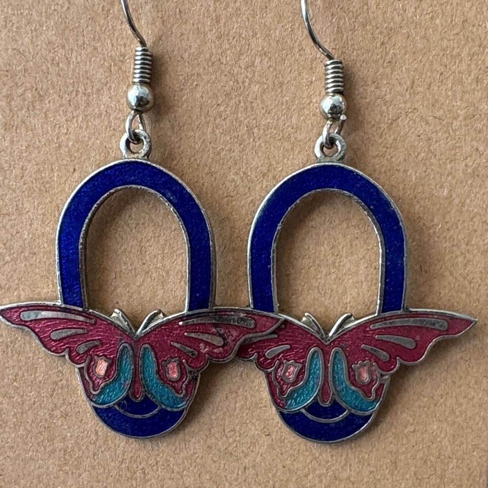 Cloisonné Butterfly Blue and Pink Earrings - Picture 1 of 1